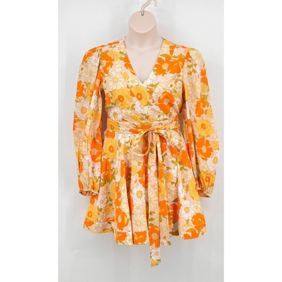 Mille Nan Floral Print Wrap Dress Size M Cotton Yellow Orange Long Sleeve - Picture 1 of 12